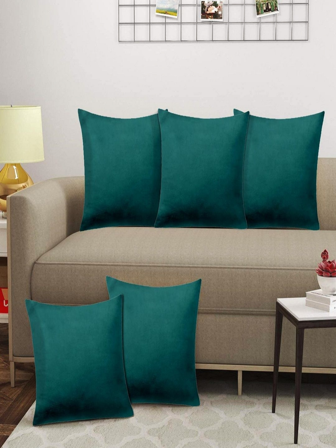 Aura Green Velvet Ultra Soft 5 Pcs Square Cushion Covers - 16 x 16 In