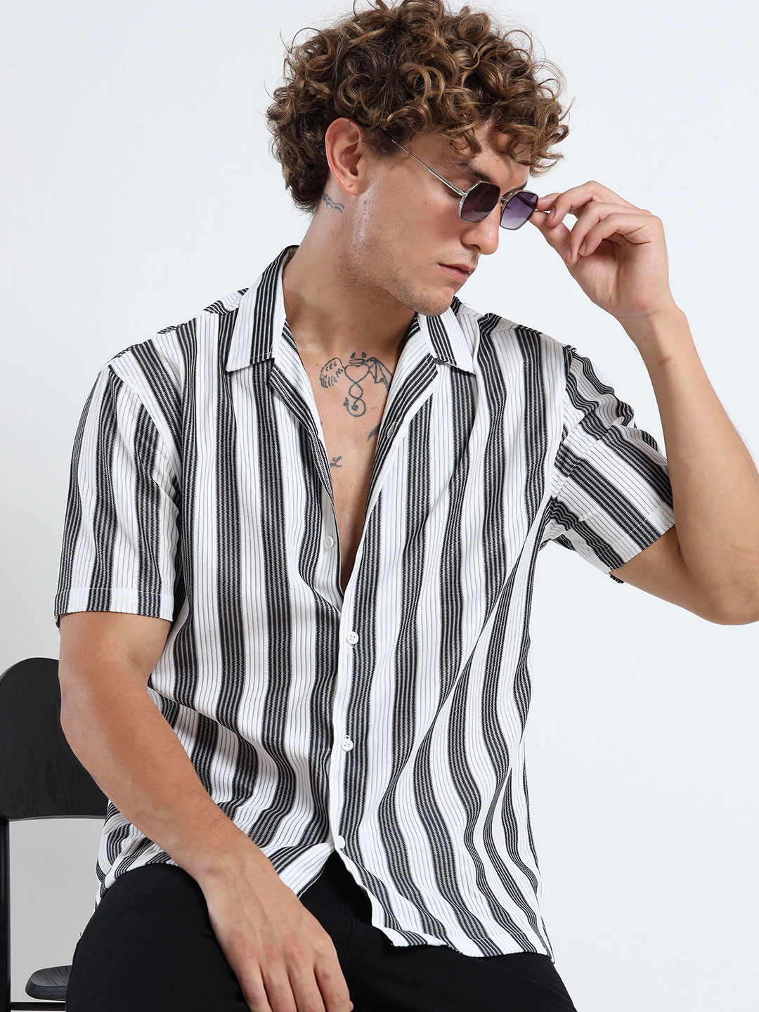 THE BEETEL HOUSE Striped Cuban Collar asual Shirt