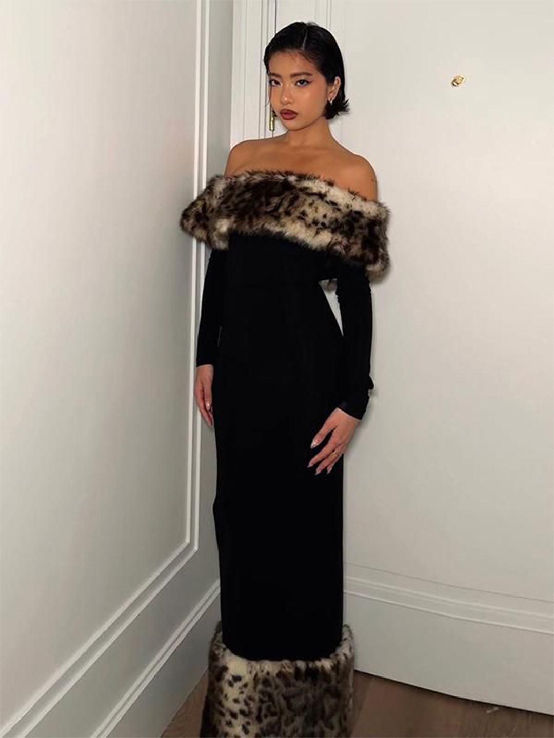 bebe Black Long Sleeve Bodycon Maxi Dress with Faux Fur Off-Shoulder Neckline and Hem