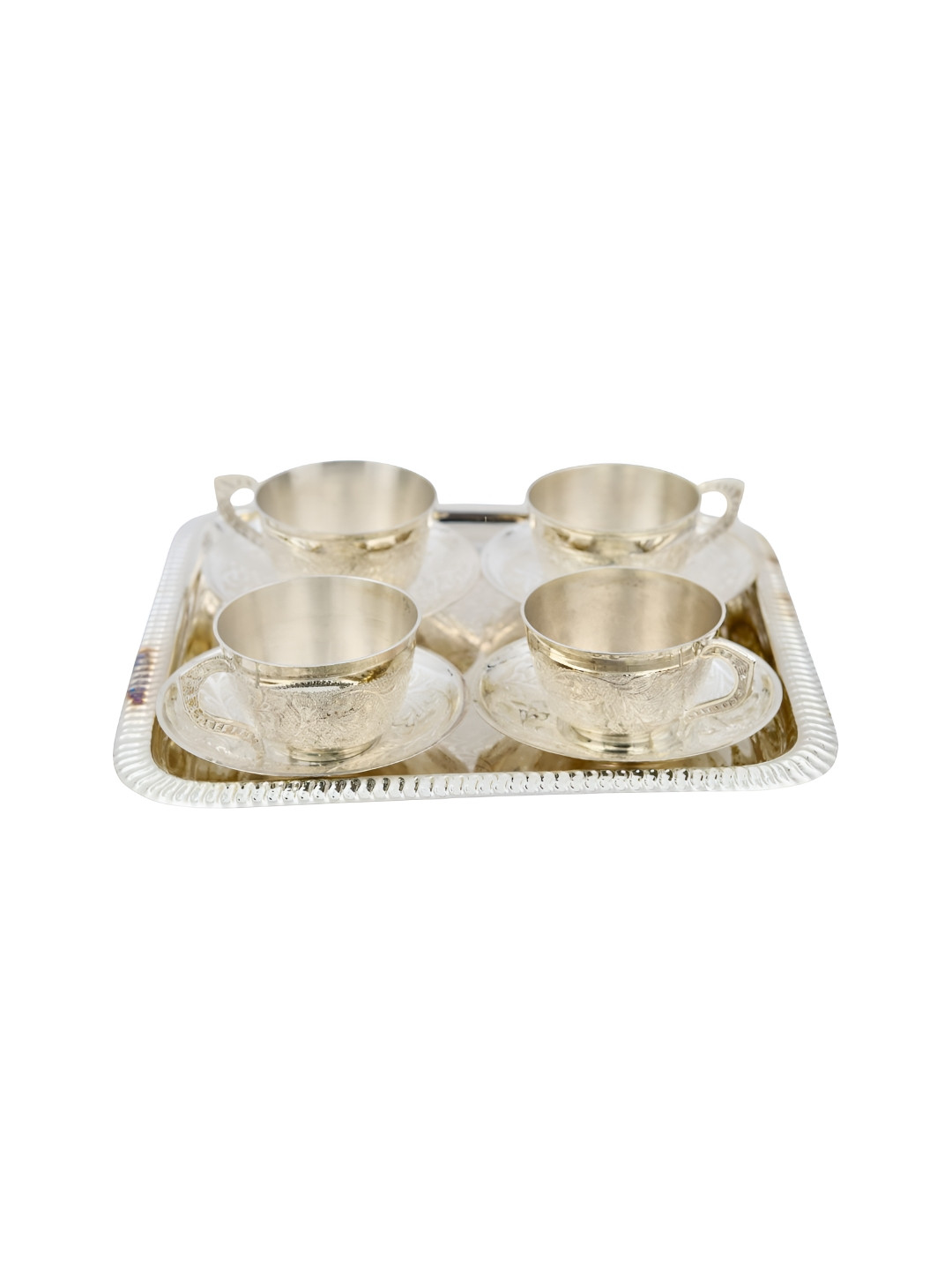 INTERNATIONAL GIFT Silver Floral Brass Handmade 4 Piece Cups with 4 Saucers and Tray-150ml
