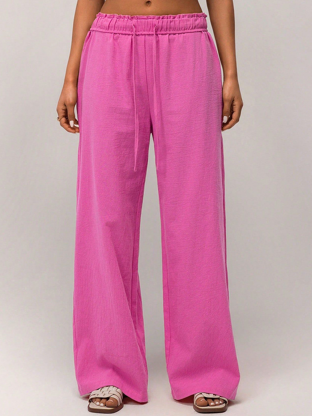 Outzidr Pink Wide Leg Solid Trousers