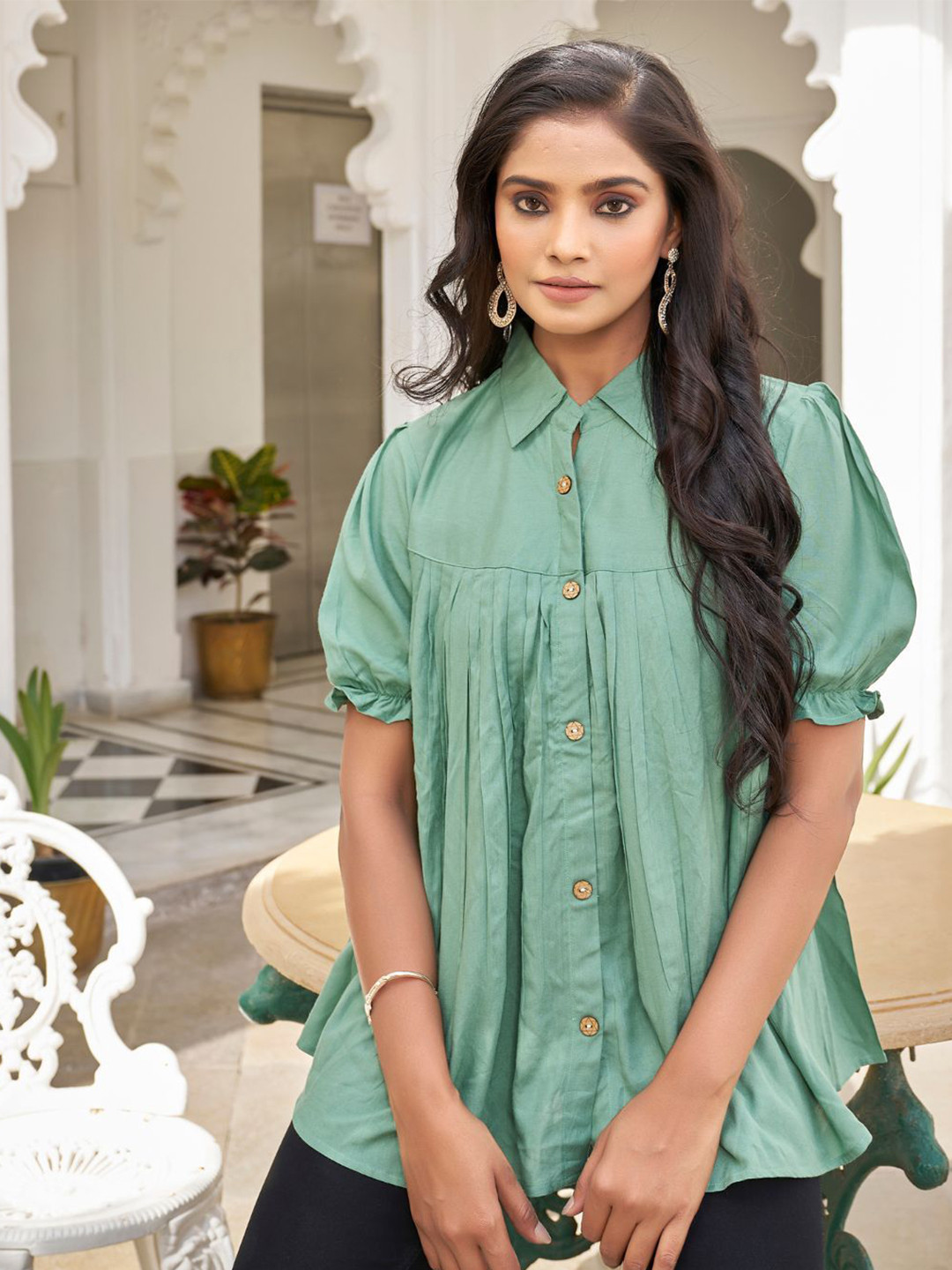 CORSICA Women Gathered or Pleated Shirt Collar Top