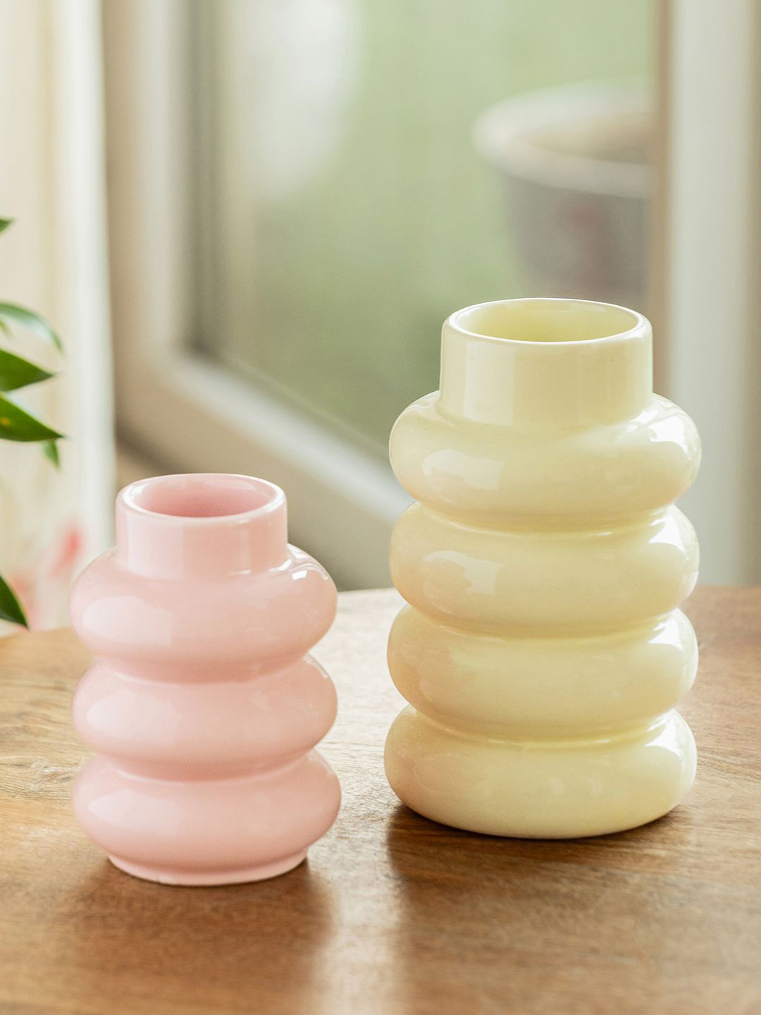 ExclusiveLane The Expression Series 2Pcs Pink & Yellow Ring Stack Ceramic Decorative Vases