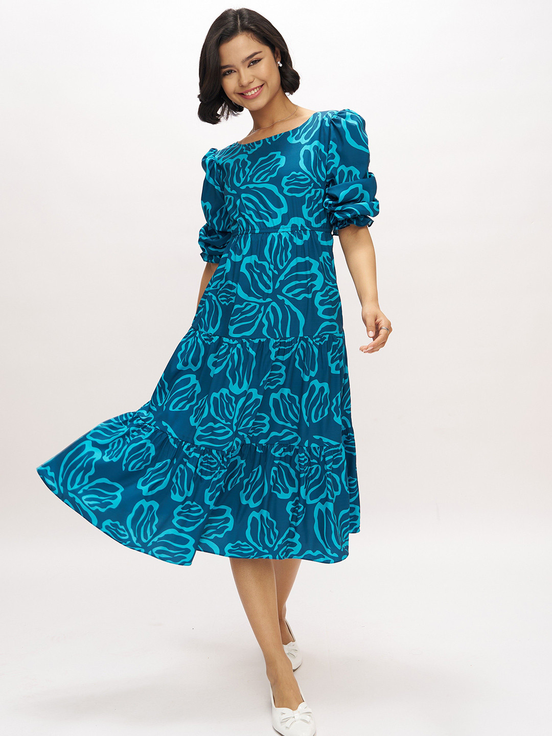 AASK Women Teal Blue Printed Delta Crush Calf Length Fit and Flare Dress