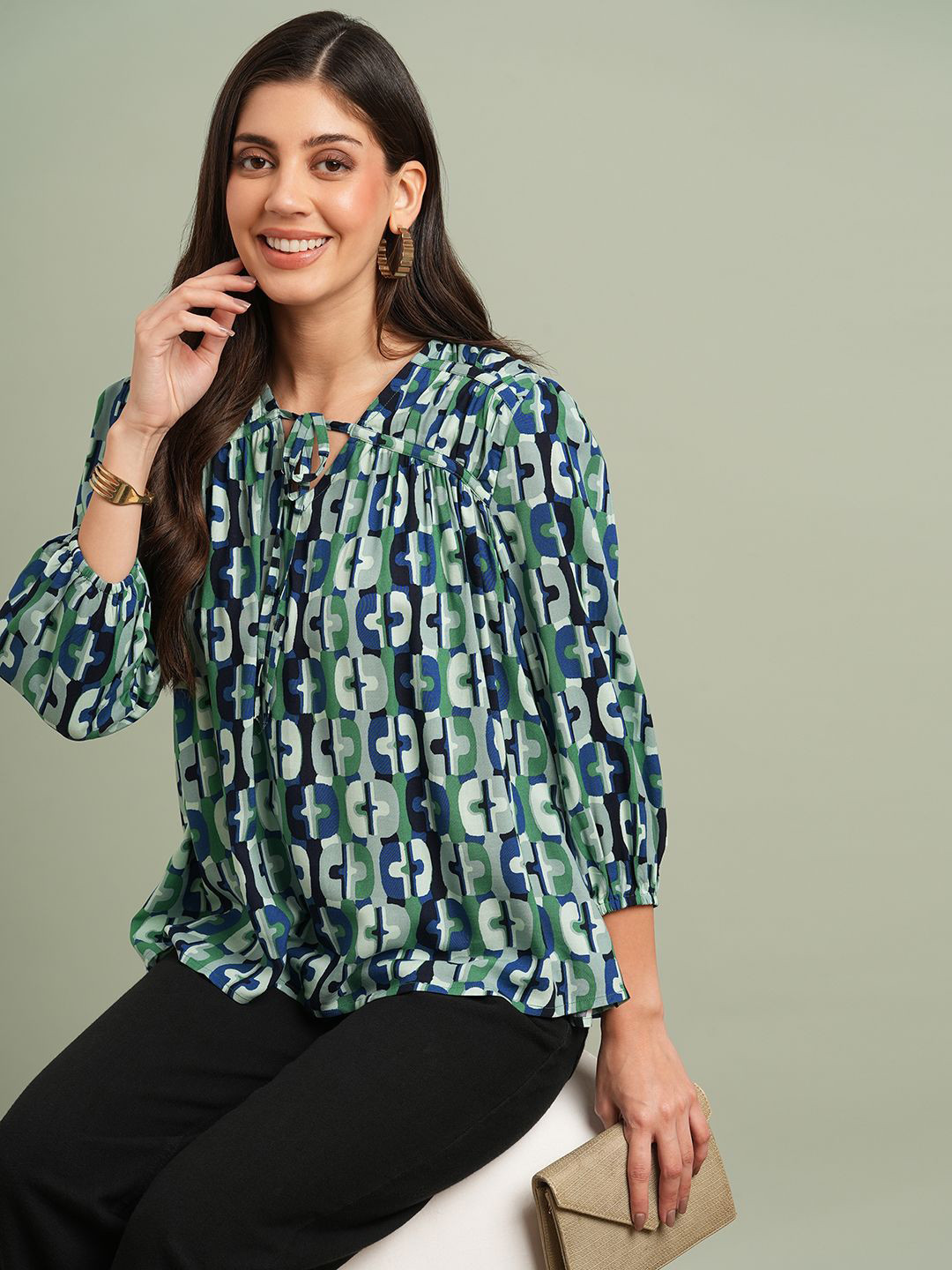 Globus V-neck Bishop Sleeves Abstract Print Tie Up detailing Top