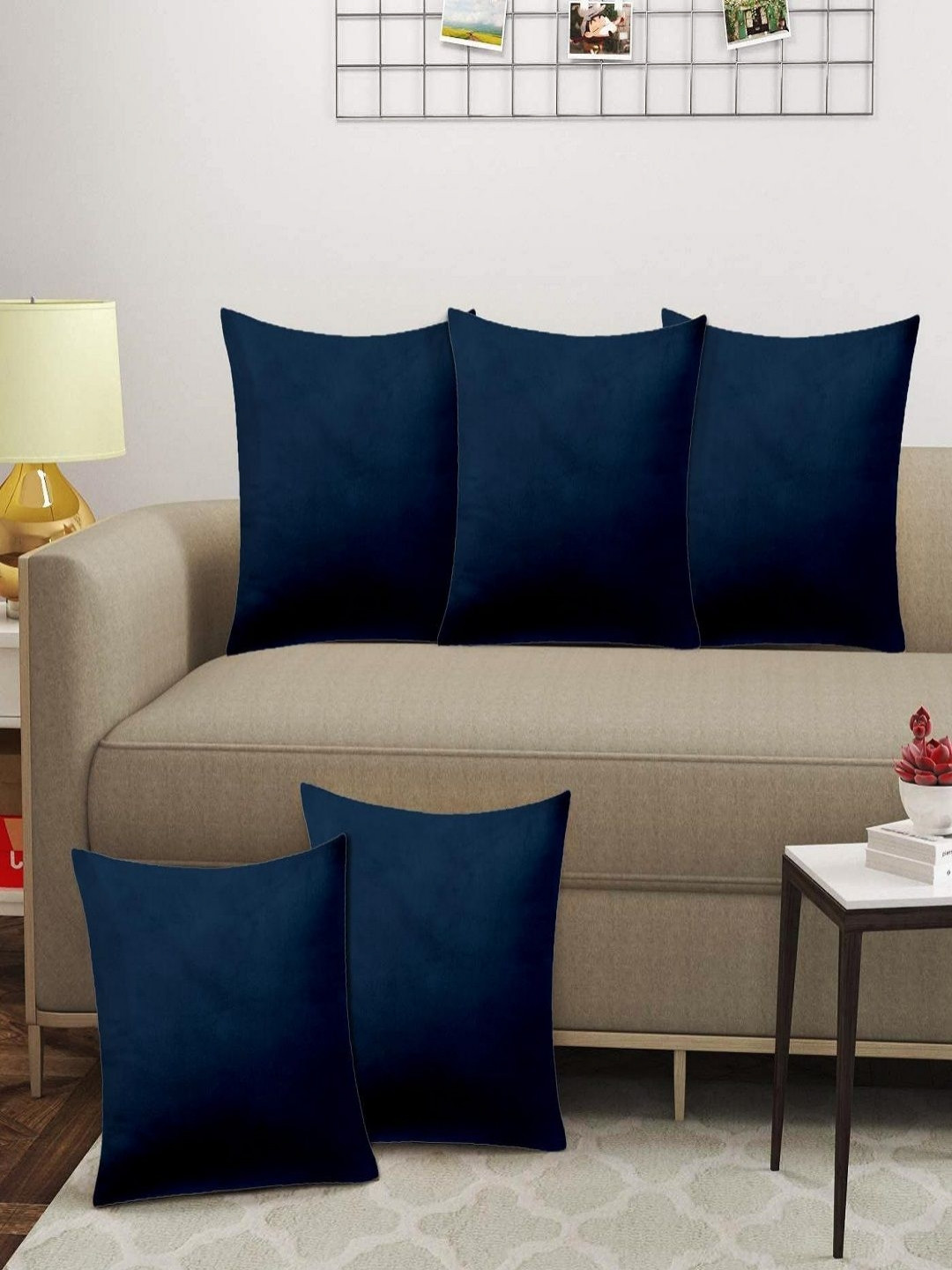 Aura Blue Velvet Durable 5 Textured Square Cushion Covers -16.1x16.1In