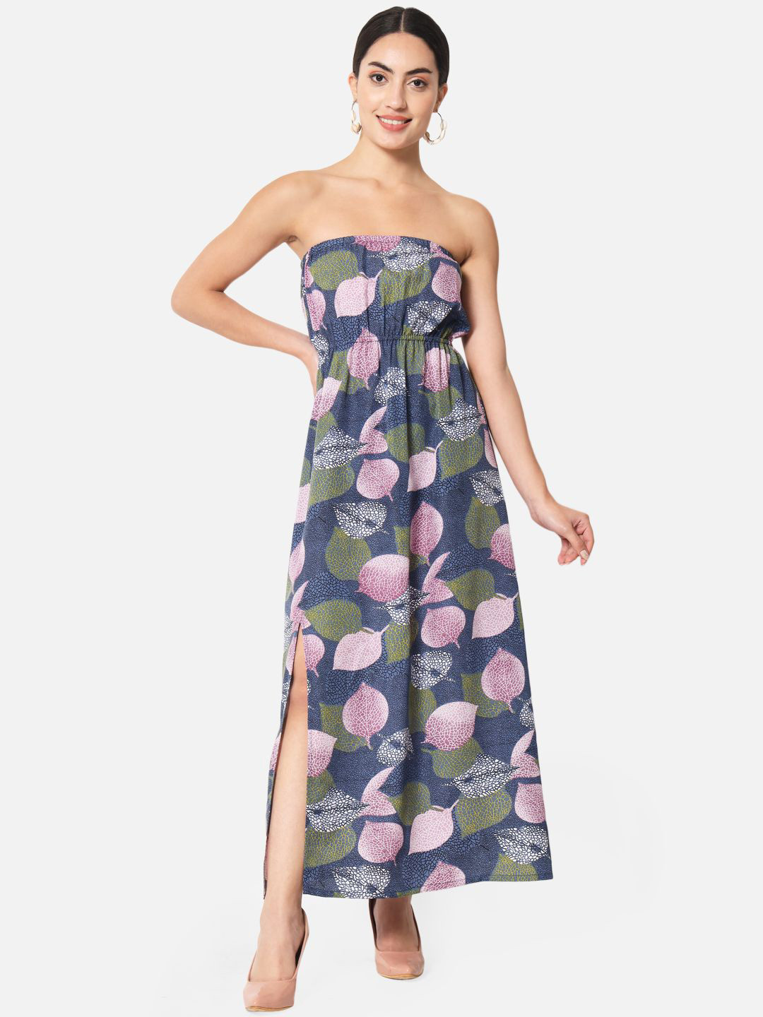 OTIRA Women Tropical Print Strapless Crepe Maxi Tube Dress