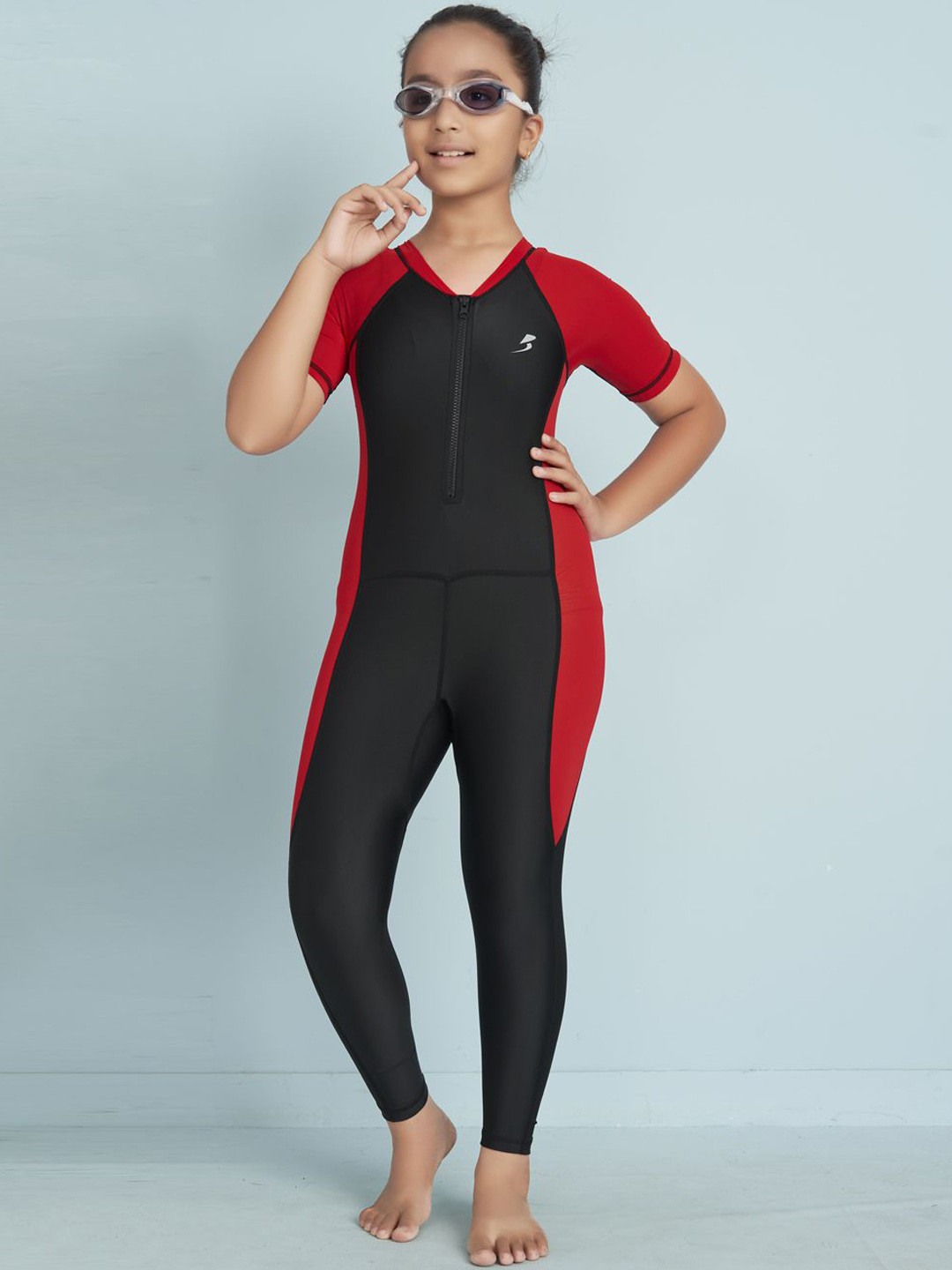 Aarika Girls Colourblocked Round Neck Legsuit With Goggle