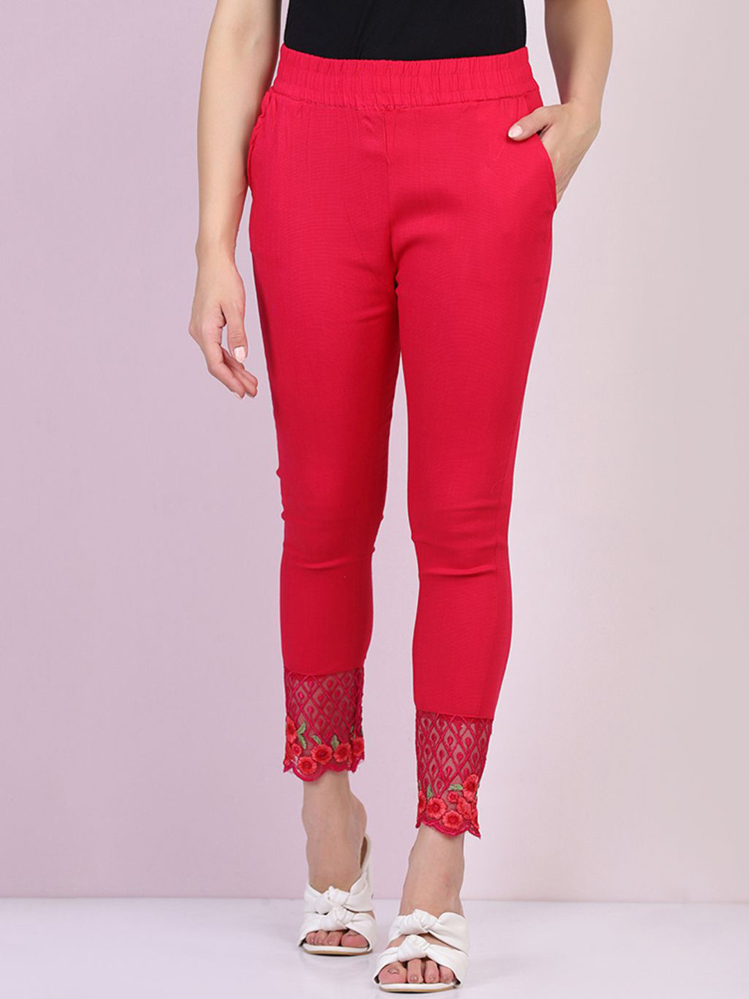 QIOA Cotton Stretch Ankle Length Leggings With Lace Detail