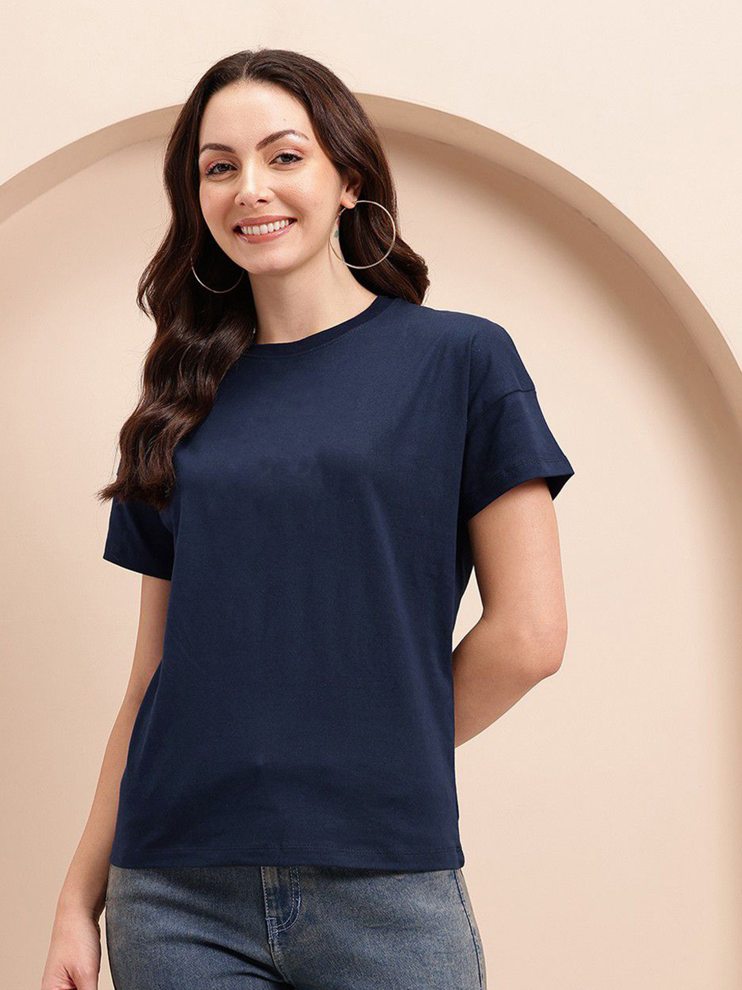 Dogman Women Navy Blue Pure Cotton Regular Fit Tshirt