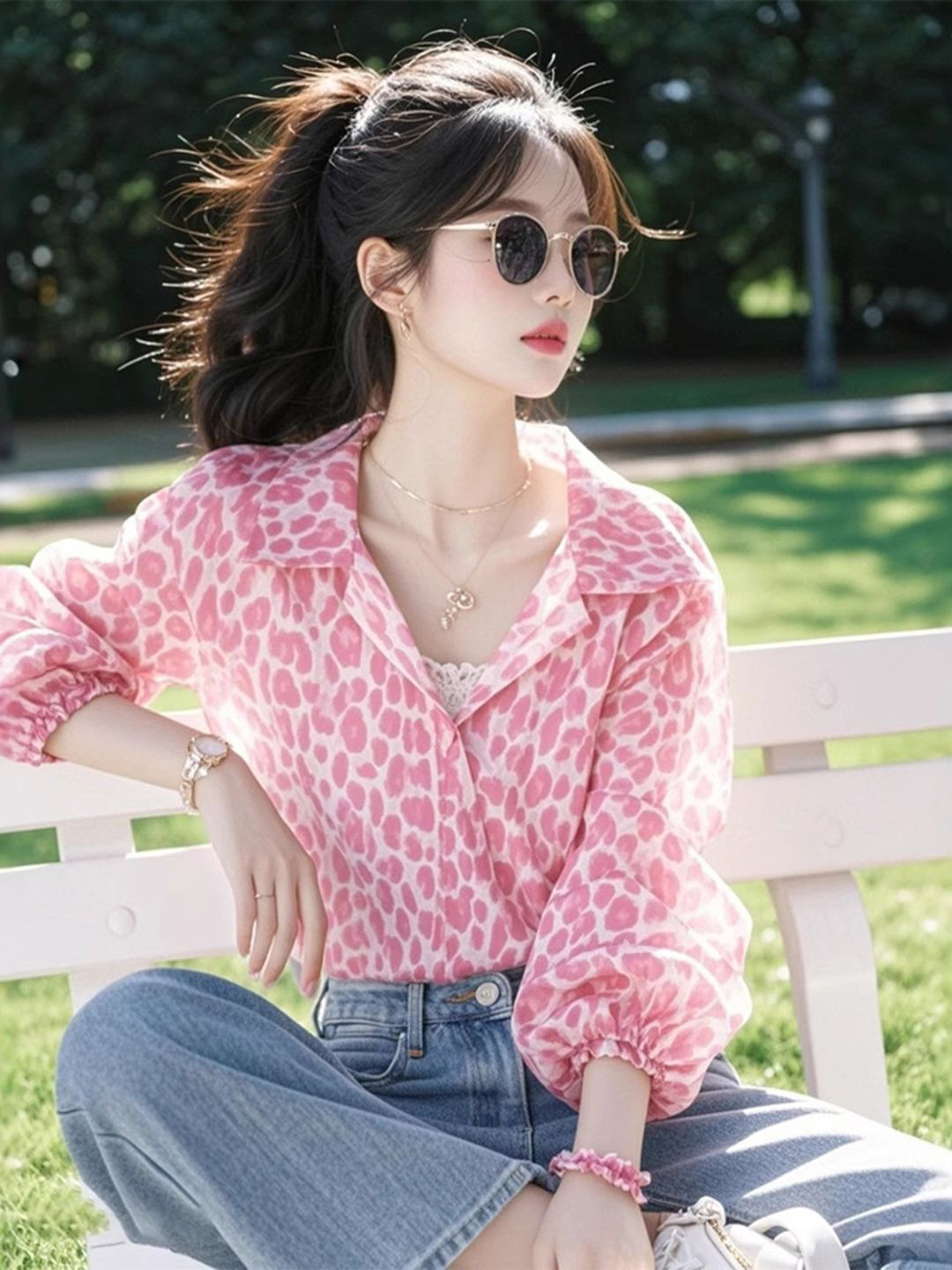 bebe Pink Animal Print Collared Button-Up Casual Shirt
