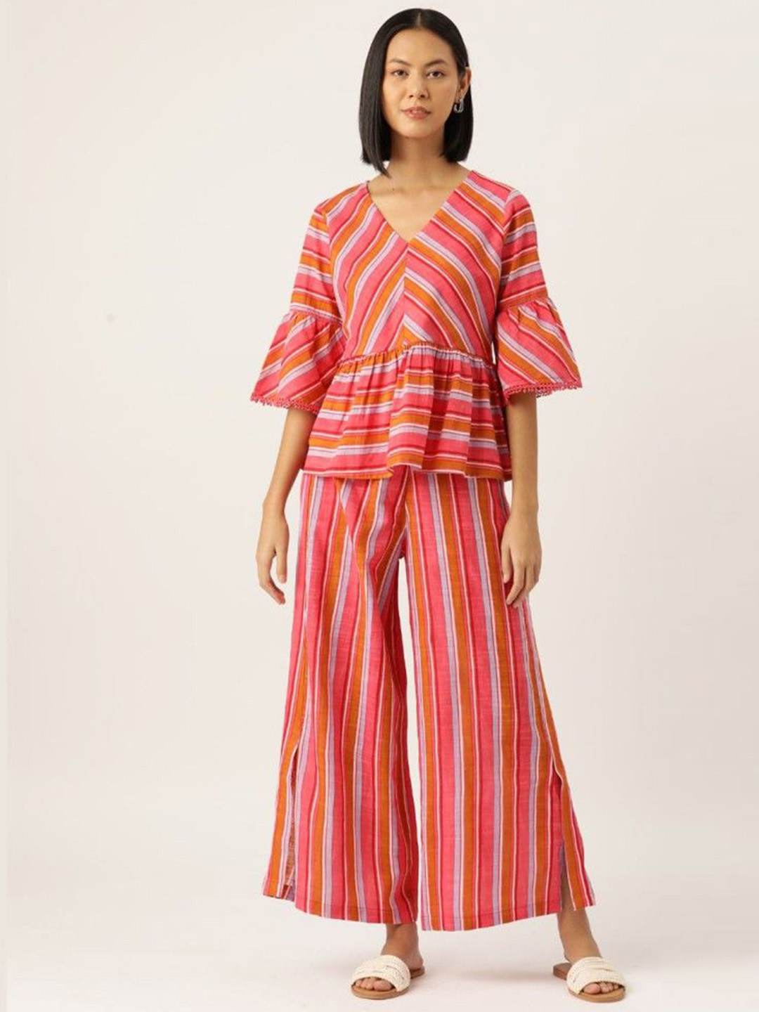 Aralia Striped V-Neck Top With Palazzos Co-Ords