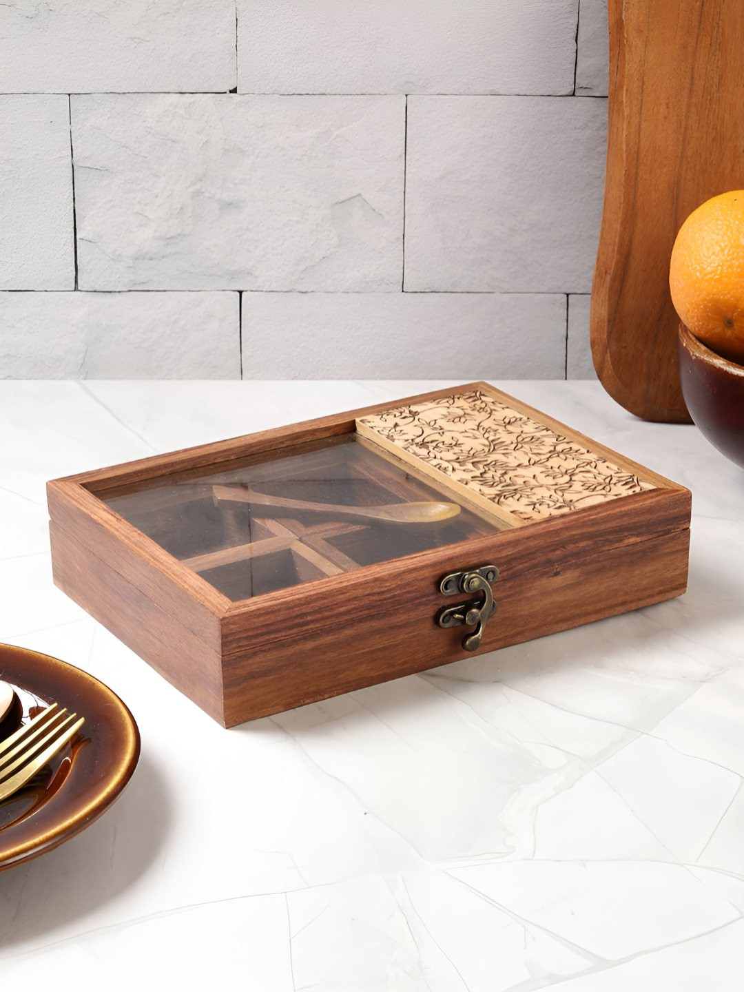 VarEesha Brown Sheesham Wood Rectangle Spice Box