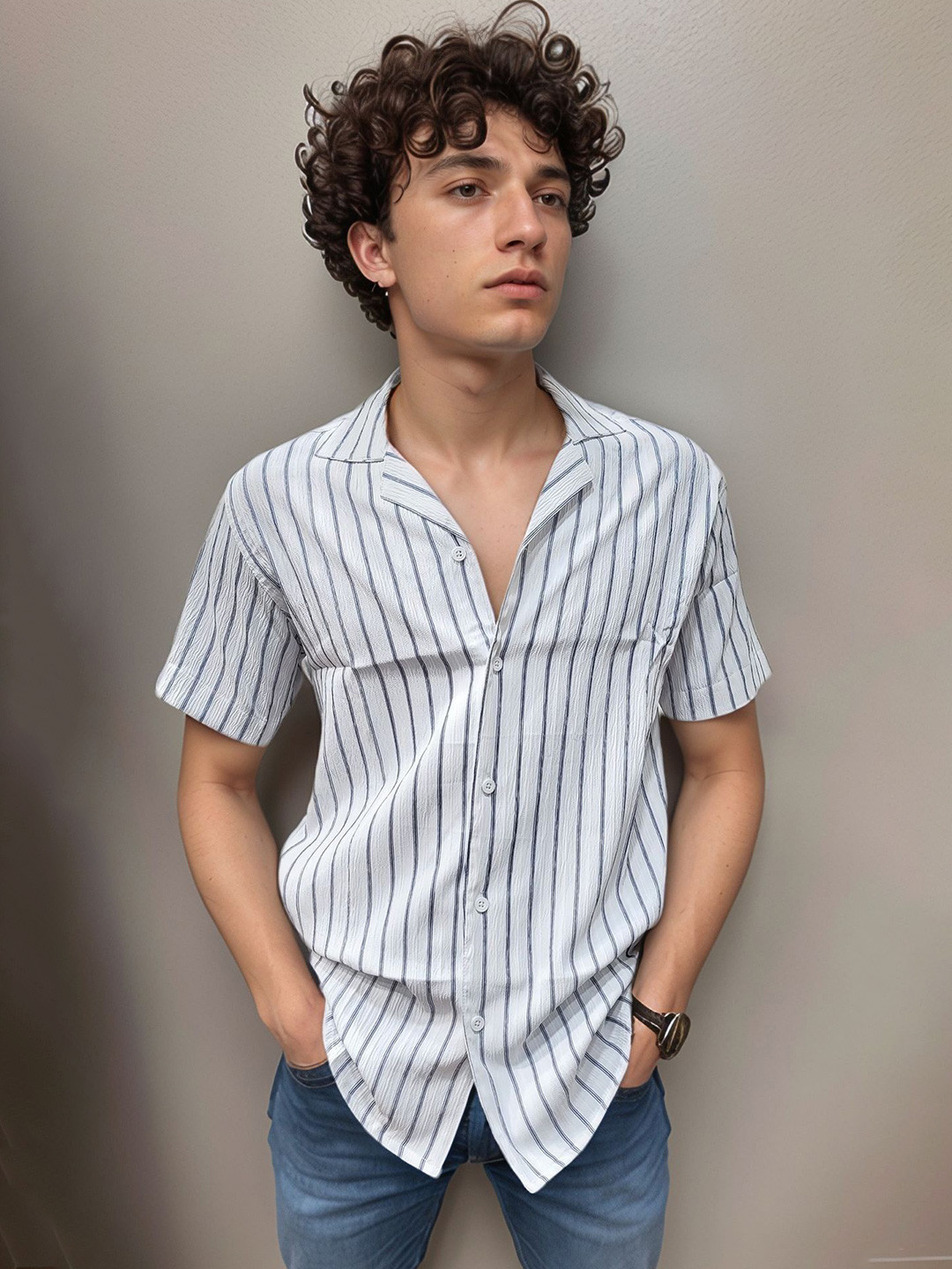 BUSCOTT Striped Spread Collar Elastane Shirt