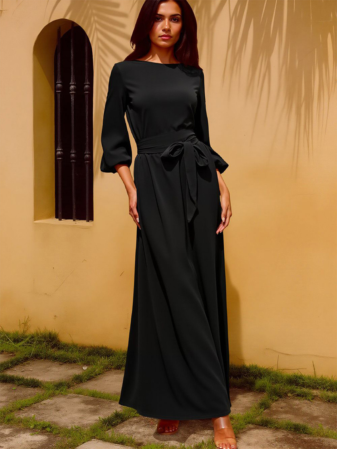 bebe Black Long Puff Sleeves Tie Waist Maxi Dress