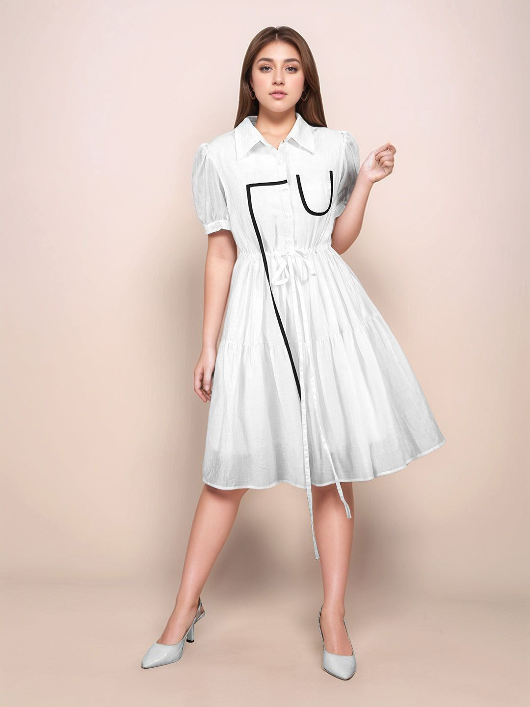 Zink London Women White Solid Collar Neck Short Sleeves Short Dress