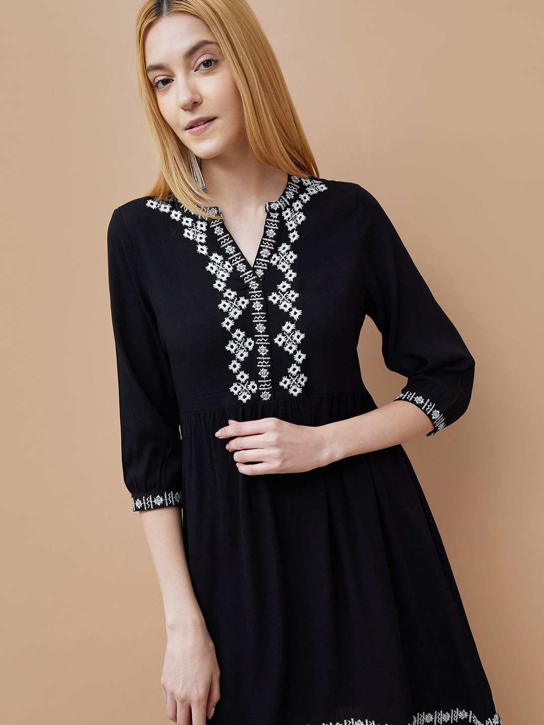 Fame Forever by Lifestyle Women Embroidered Puff Sleeve Fit & Flare Dress