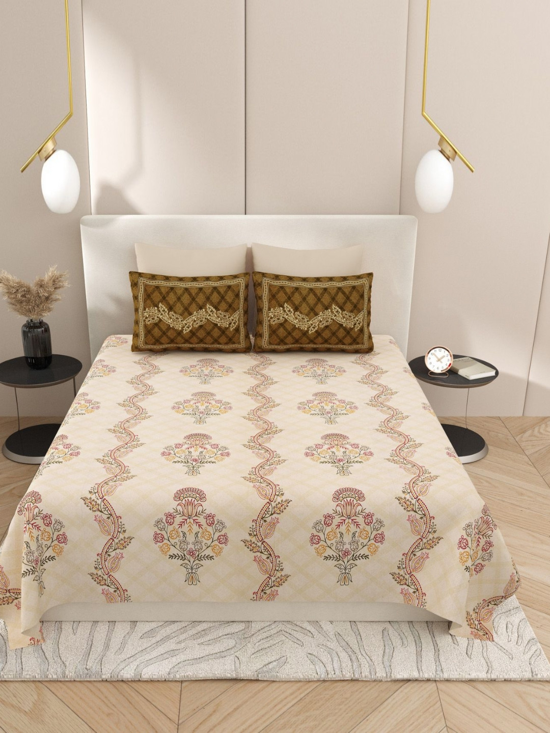 Aura Kashida Brown Floral Pure Cotton 180 TC King Bedsheet with 2 Pillow Covers-106 x 106 inches