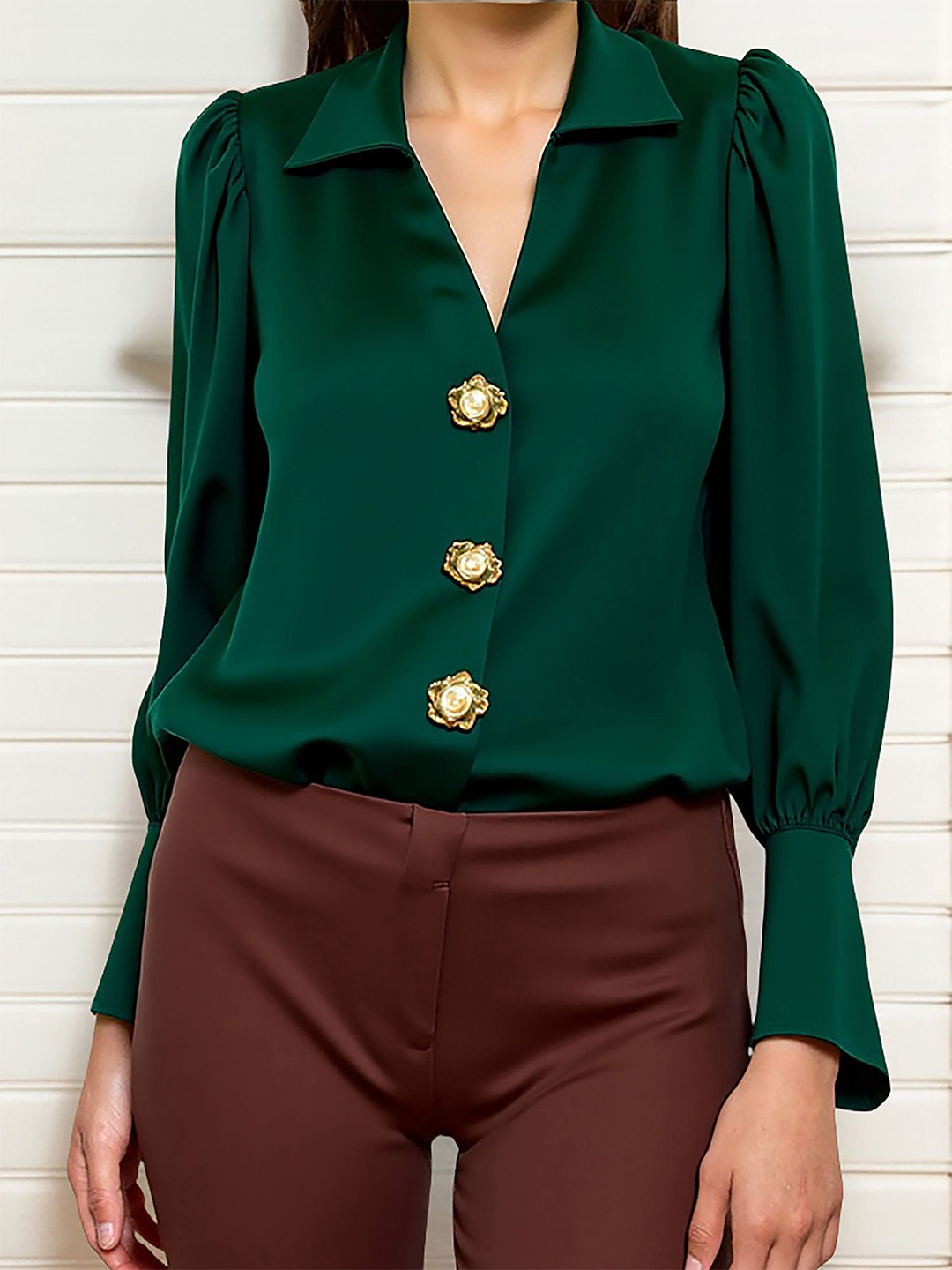 bebe Green Collared V-Neck Bishop Sleeves Top With Gold Buttons Detailing