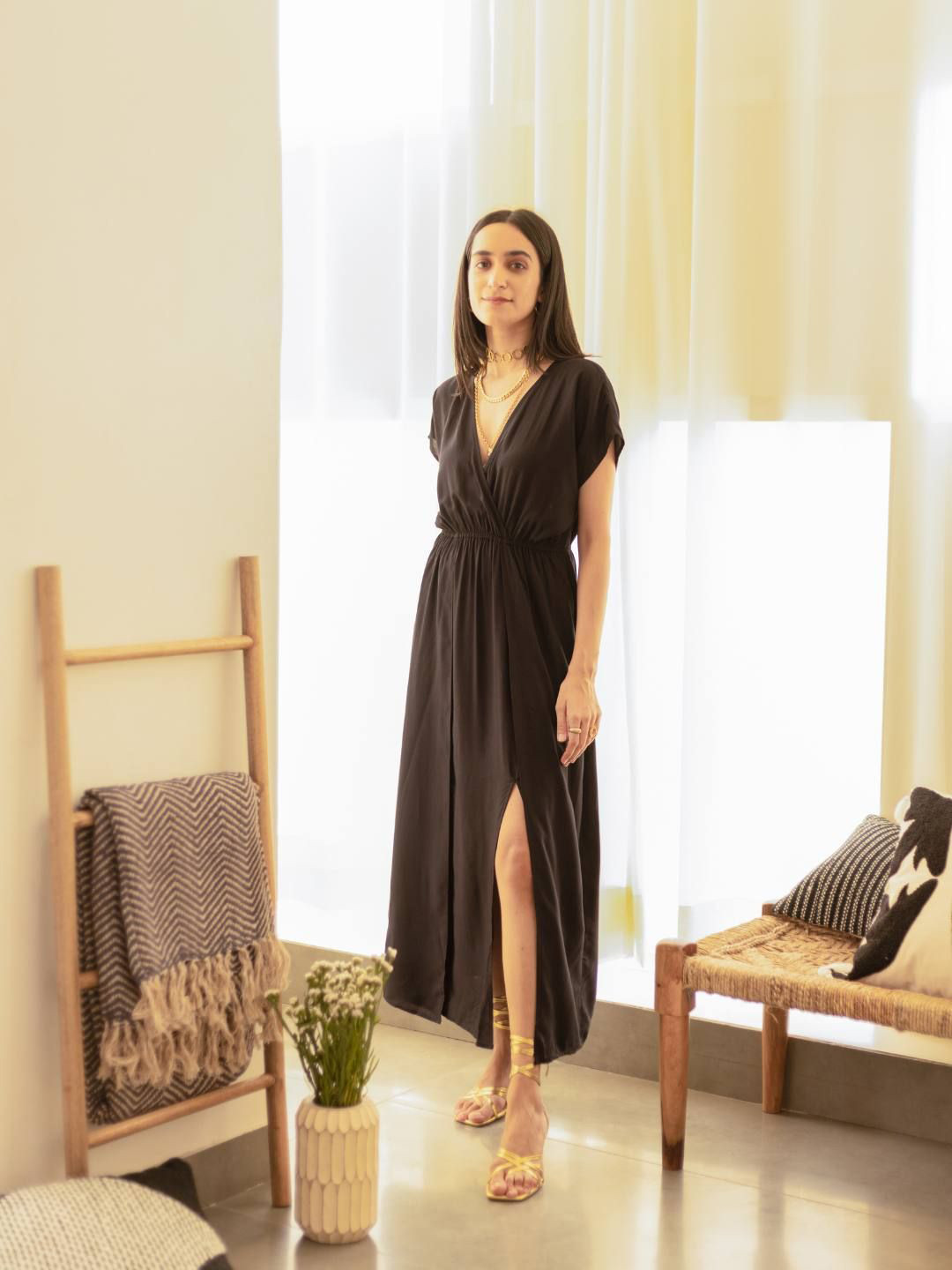 Urban Suburban Women Cotton Black Rayon Midi Dress With Slit