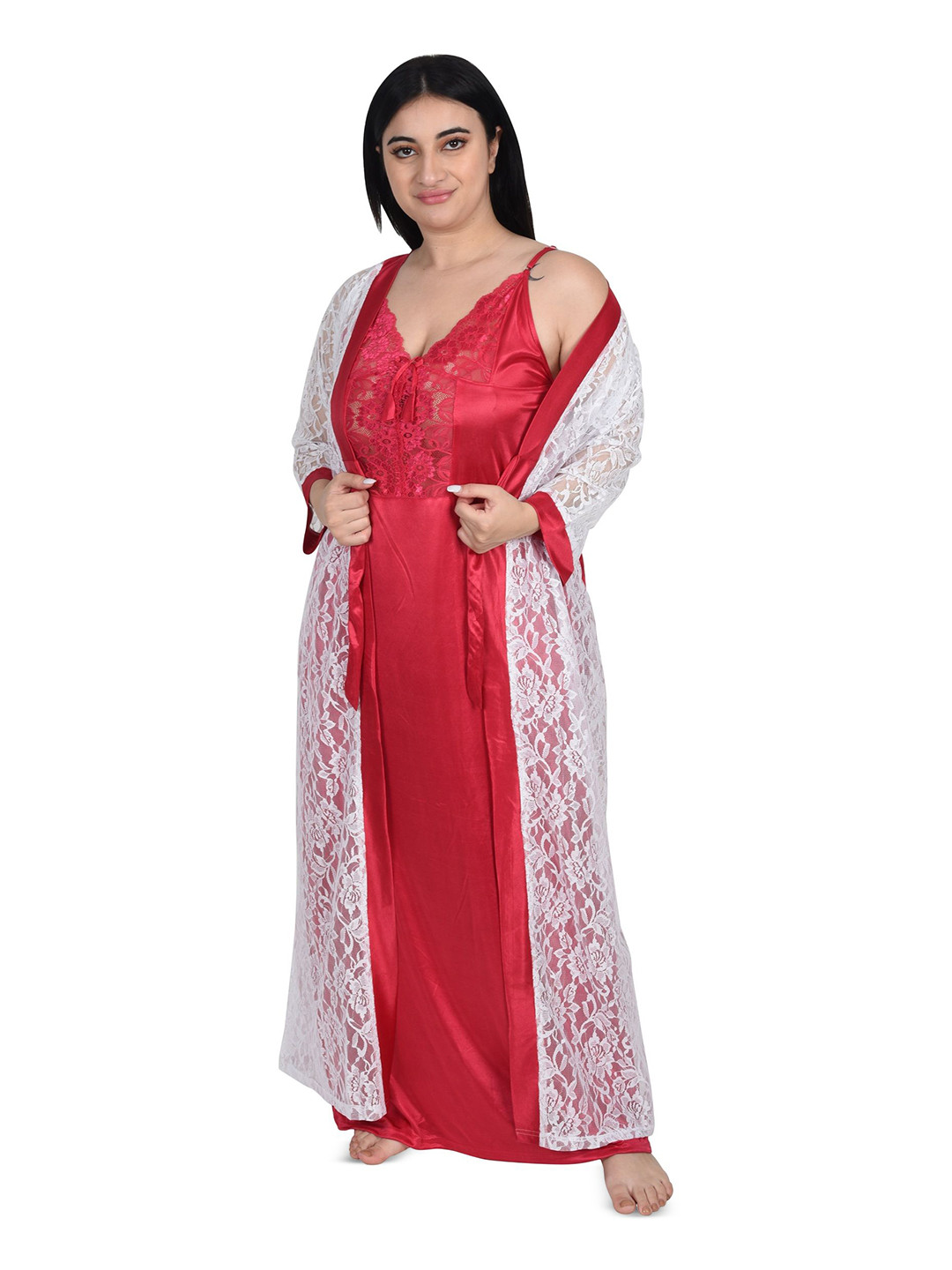 Embrave Women Satin Net Design Free Size Maxi Wrap Nightdress With Robe