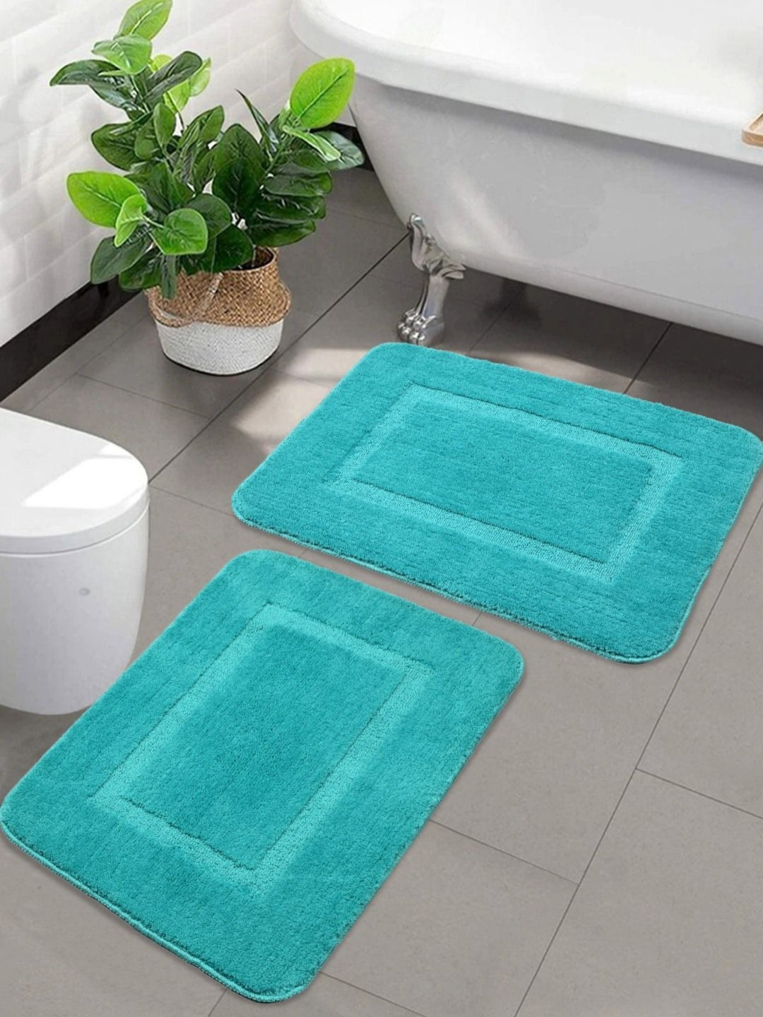 Saral Home 2Pcs Mint-Green Racer-Track Micro Soft & Water Absorbent Anti-Skid Bath Rugs
