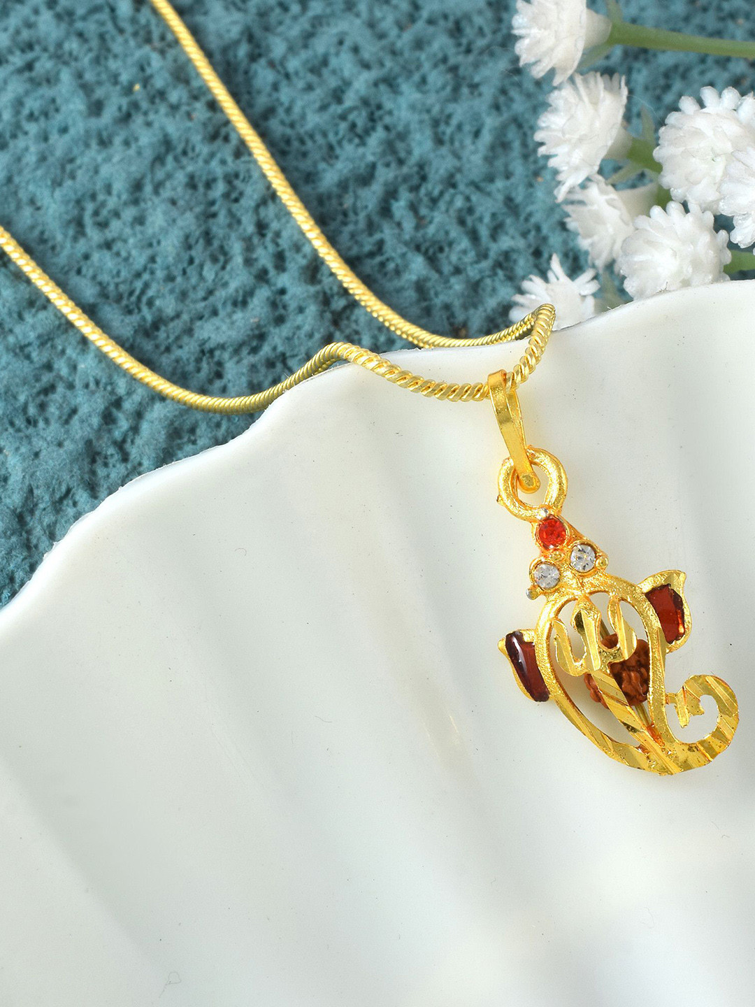 ADMIER Unisex Gold-Plated Stone Studded Ganesh Pendant with Chain