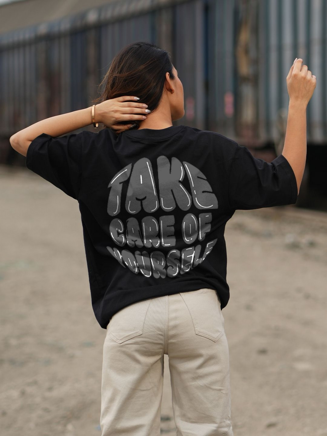 Bloopers Store Women Typography Printed Round Neck Cotton Oversized T-shirt