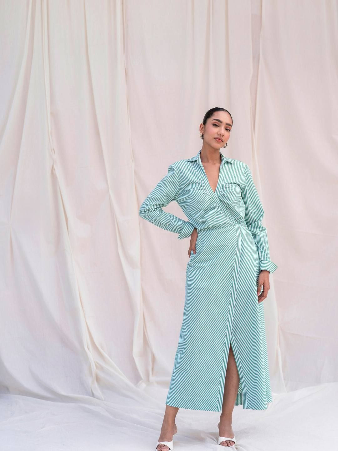 Urban Suburban Green Striped Cotton Shirt Dress