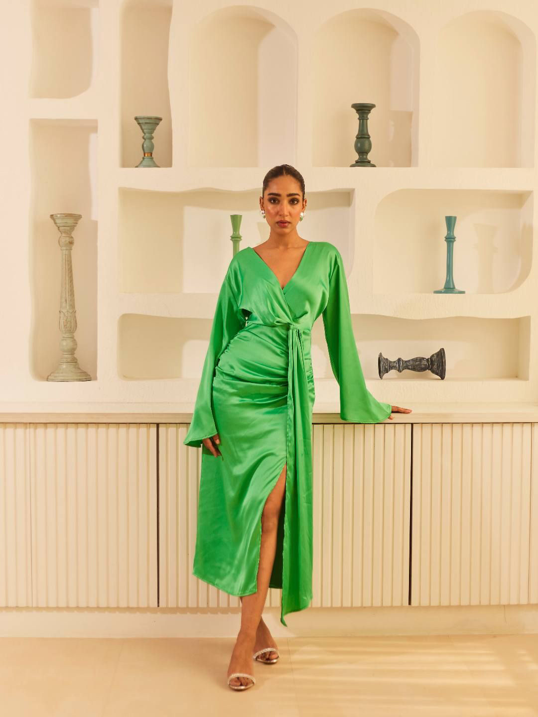 Urban Suburban Green Draped Satin Midi Dress
