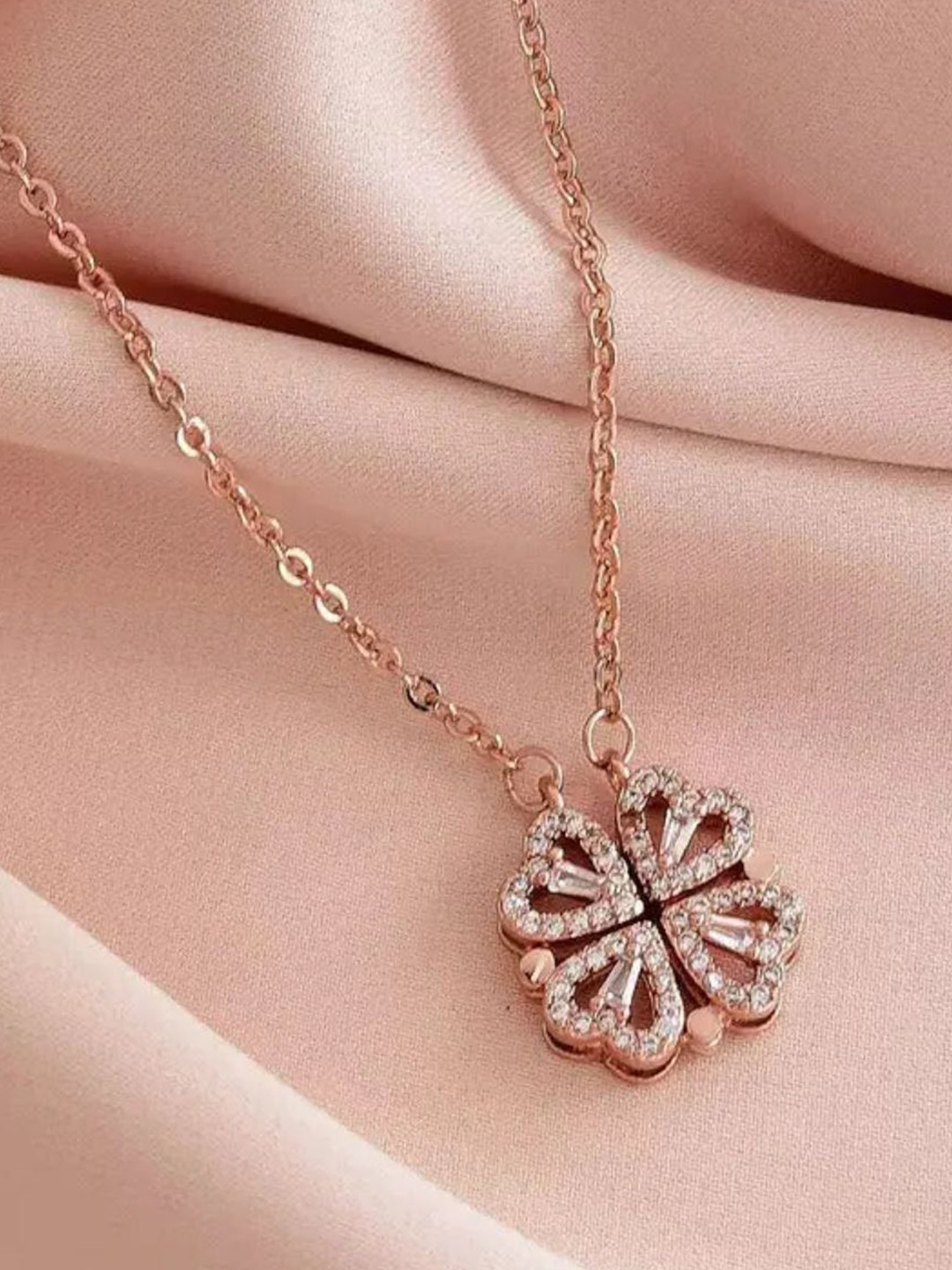 SALTY Pack of 2 Women Hyacinth 4-pcs Zircon Heart Magnetic Clover Necklace - Rose Gold