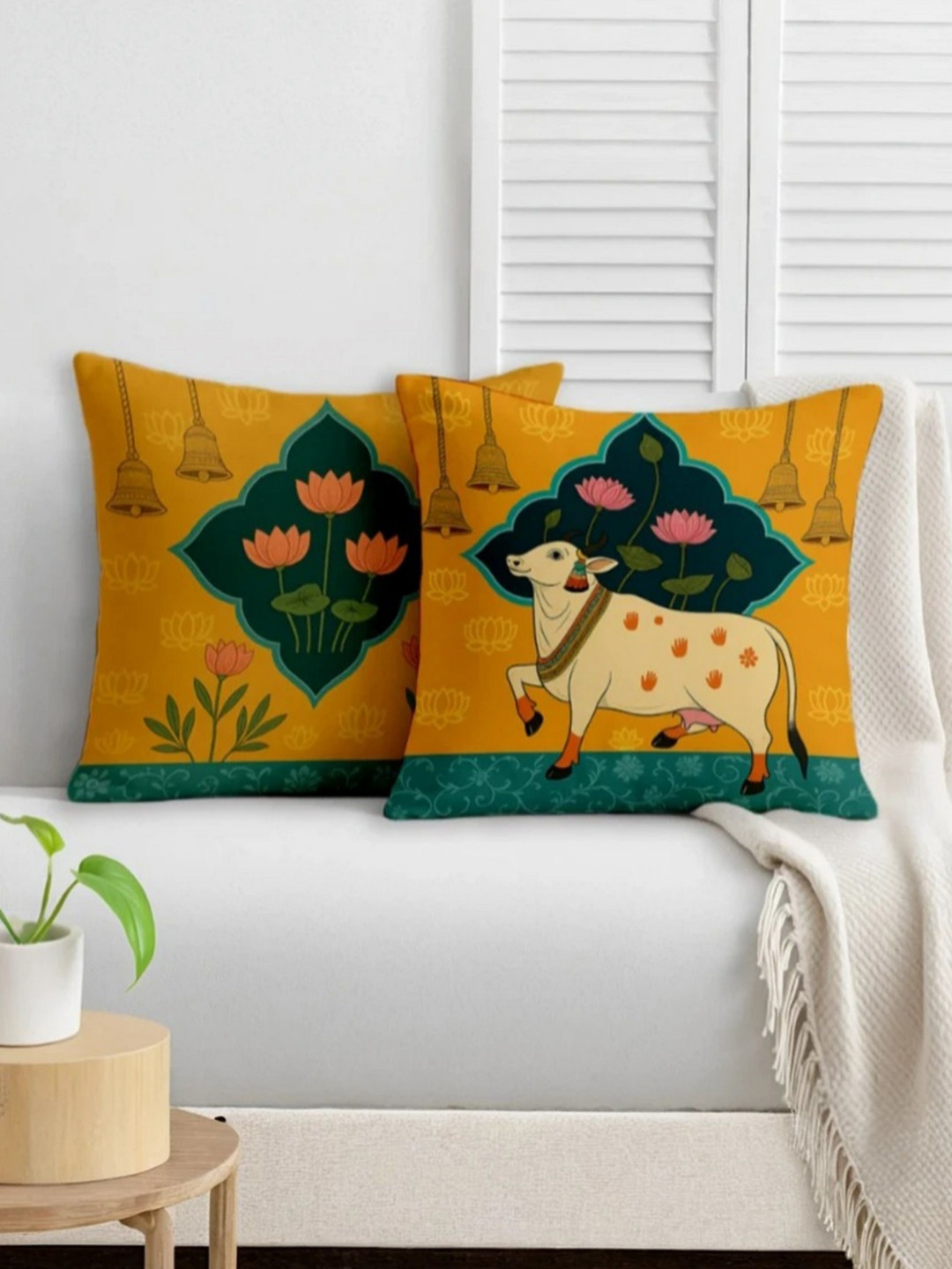STITCHNEST Cow & Lotus Art Ethnic Motifs Satin Washable 2 Pcs Cushion Covers -24x24In