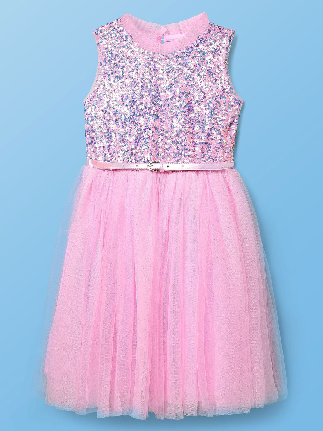 Hola Bonita  Knit Sleeveless Glitter Mesh Party Dress With Sequinned Yoke Net Dress