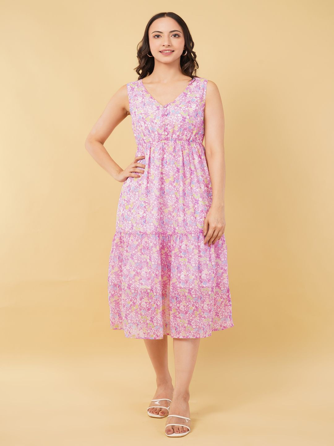 Ekika Women Floral Printed V Neck Georgette Fit & Flare Midi Dress