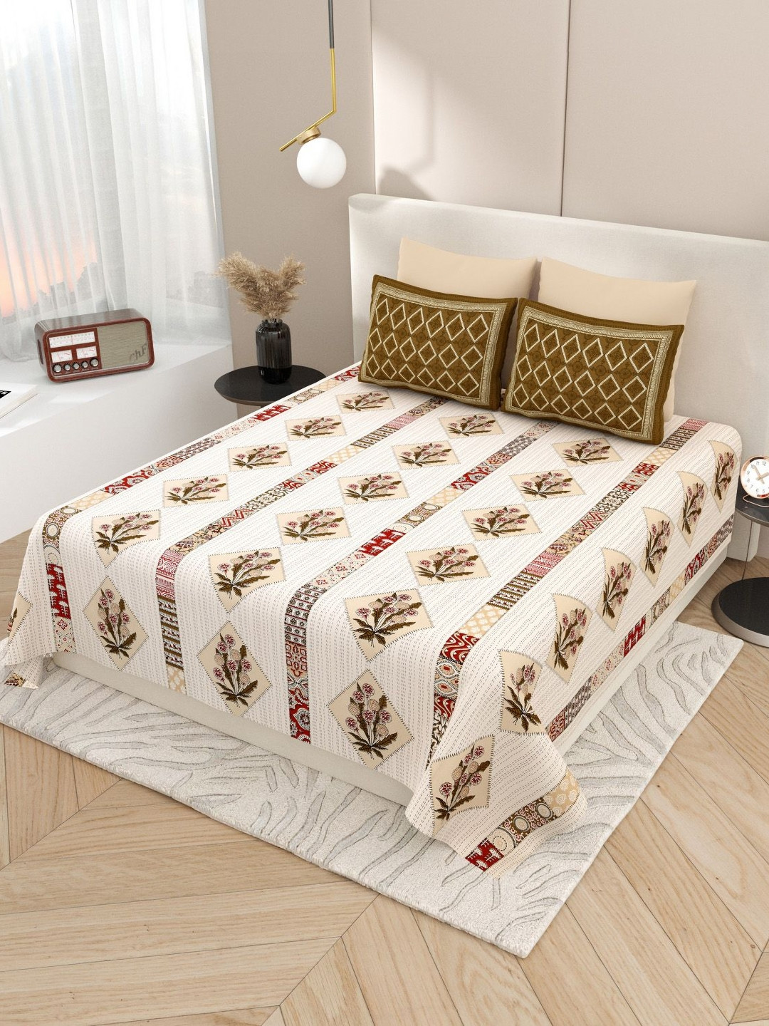 Aura Kashida Brown Floral Pure Cotton Breathable 180 TC King Bedsheet with 2 Pillow Covers-87 x 93 inches