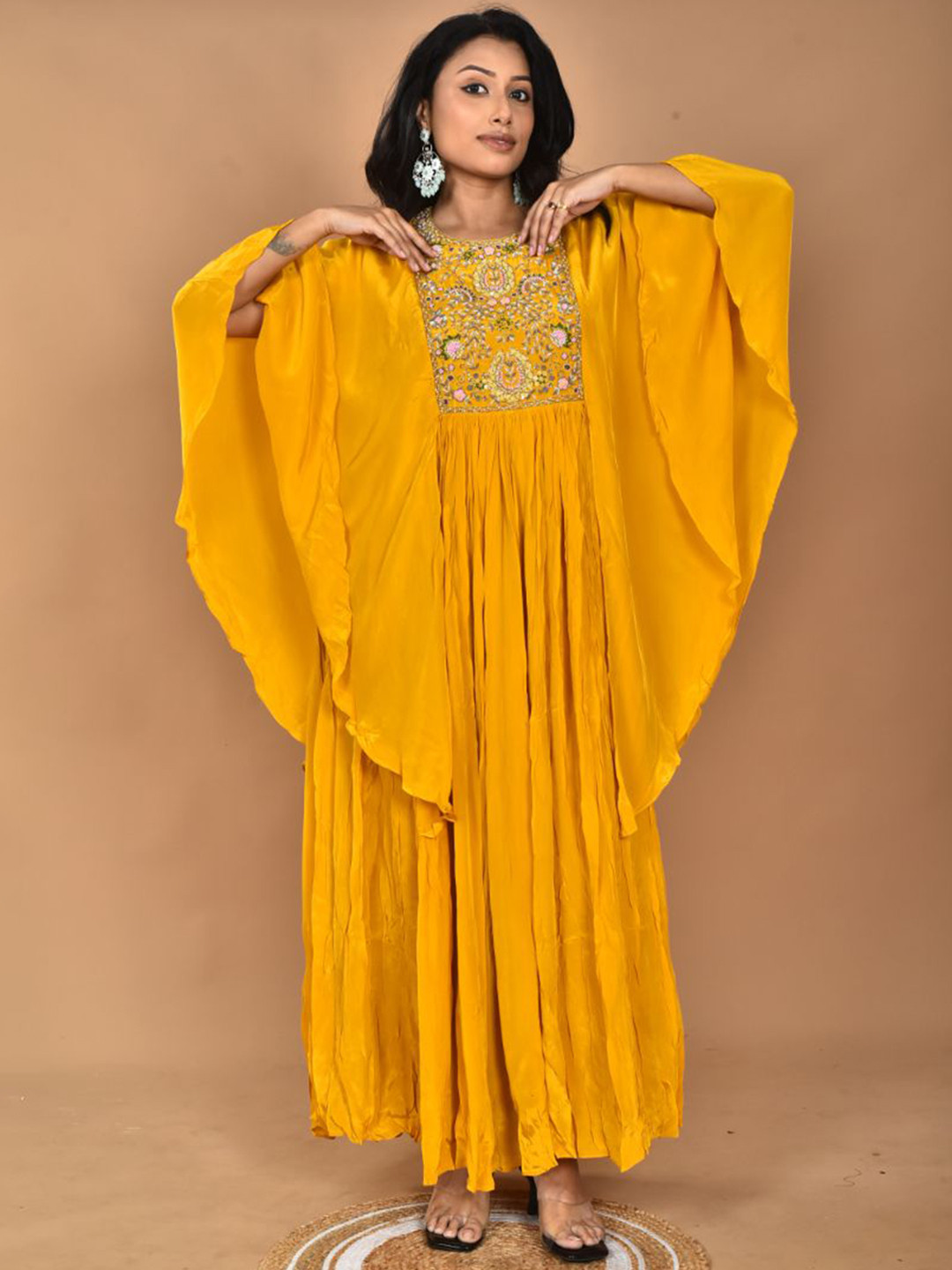 Morchari Floral Zari Embroidered Silk Kaftan Maxi Dress