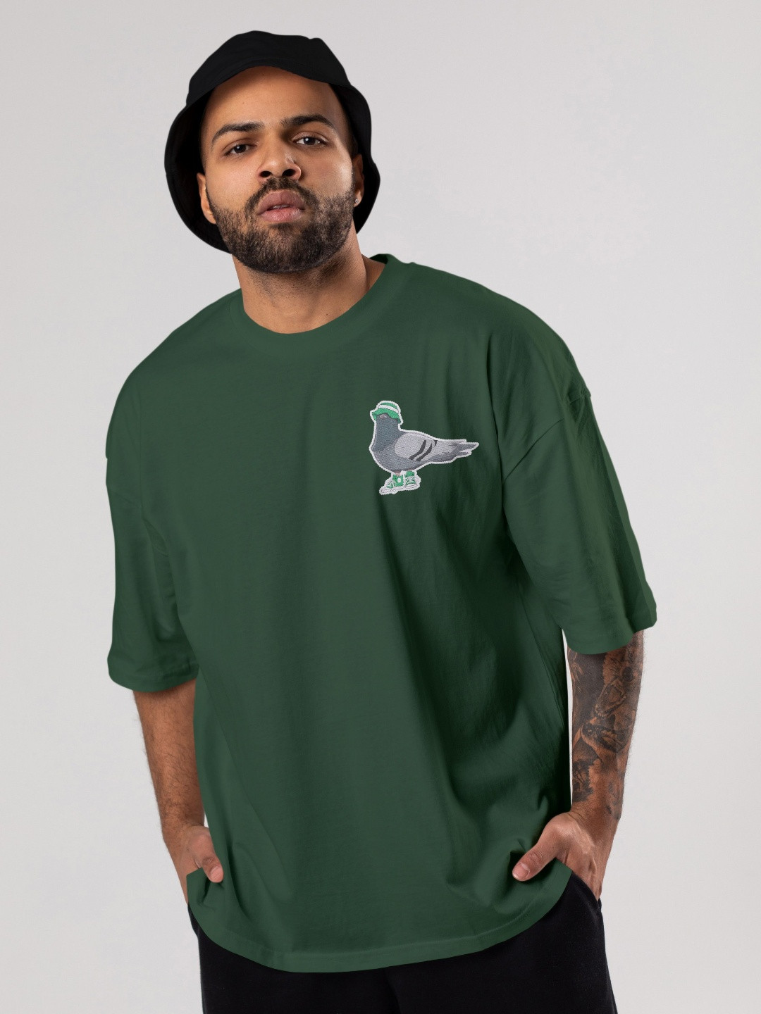 Offbeat Outfits Oversized Pigeon Graphic Drop-Shoulder Cotton T-Shirt