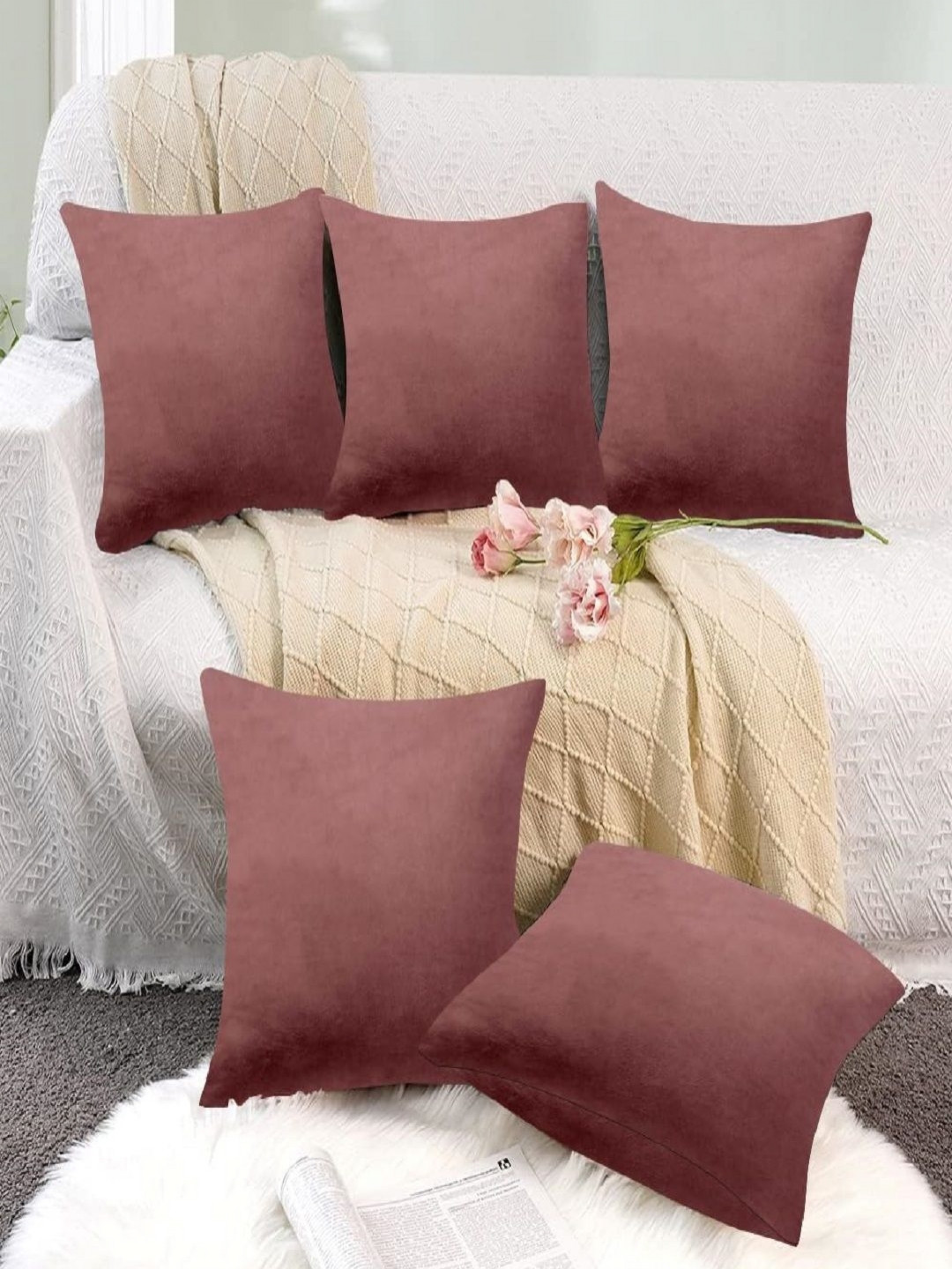 Aura Coral Velvet Durable 5 Piece Square Cushion Covers -16x16In