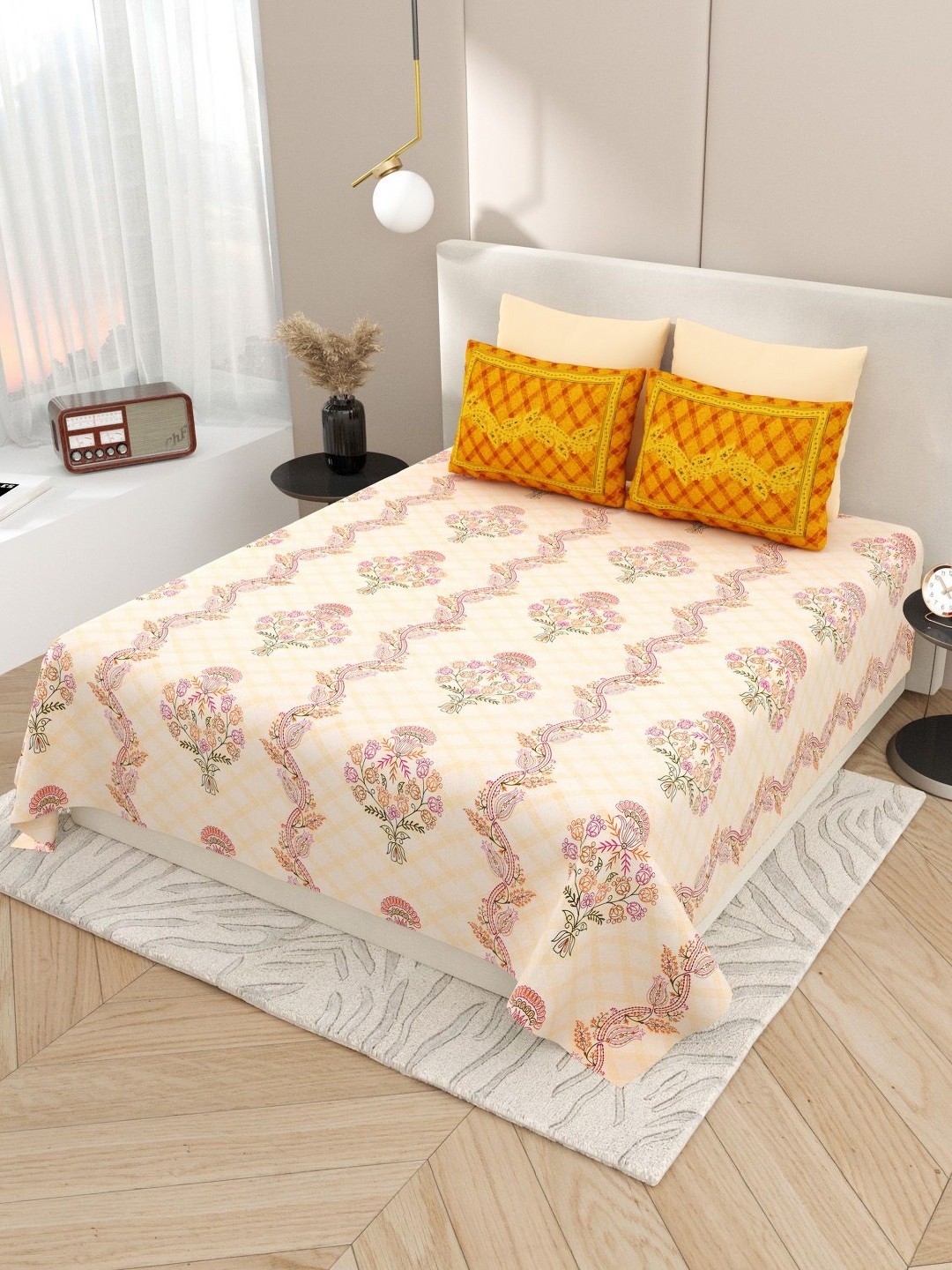 Aura Kashida Peach Floral Pure Cotton Breathable 180 TC King Fine Bedsheet with 2 Pillow Covers-106 x 106 inches