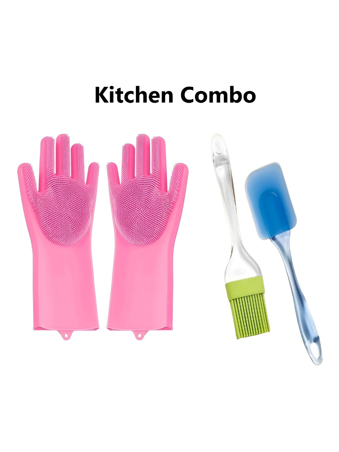 DeoDap Pink & Blue Silicone Brush & Spatula & Gloves