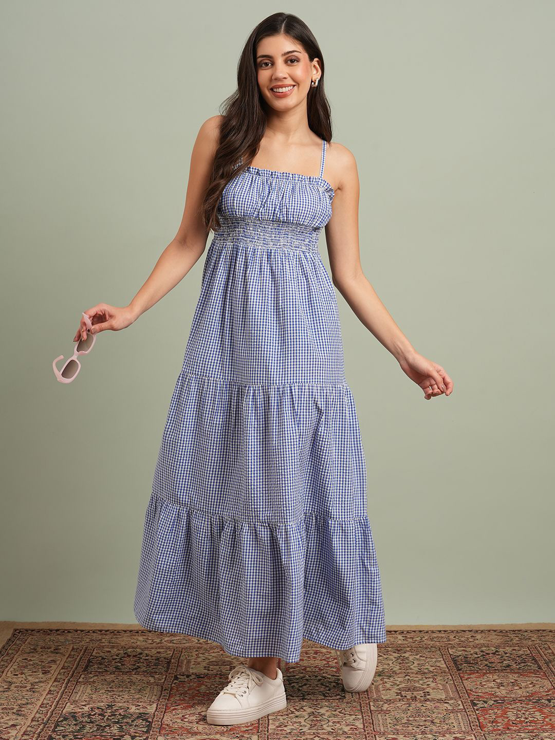 Globus Square Neck Strappy Shoulder Gingham Checks Smocked Fit & Flare Maxi Resort Dress