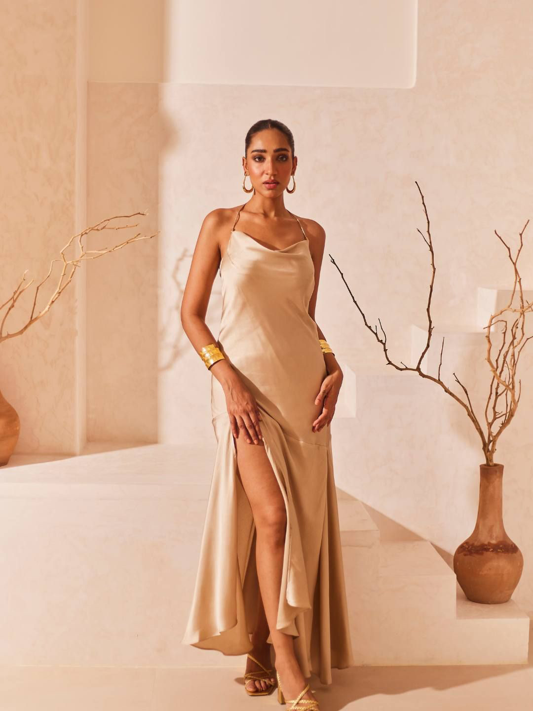 Urban Suburban Women Satin Cowl Neck Maxi Dress