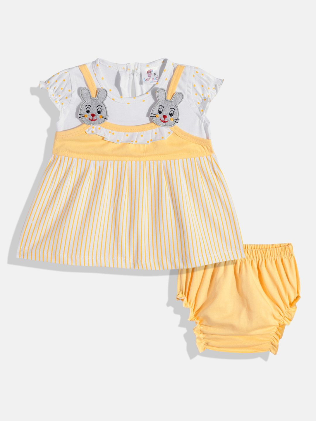 BABYMAX Infant Girls Striped Puff Sleeve Ruffled Pure Cotton Pinafore Dress With Bloomers