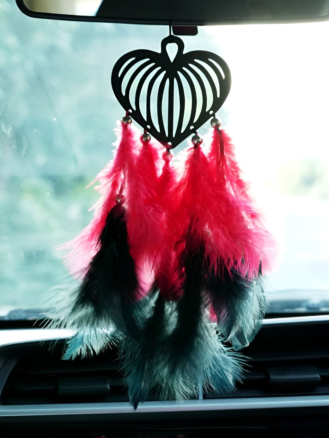 COLOR SPLASH Black & Red Heart Car Feathers Dream Catcher