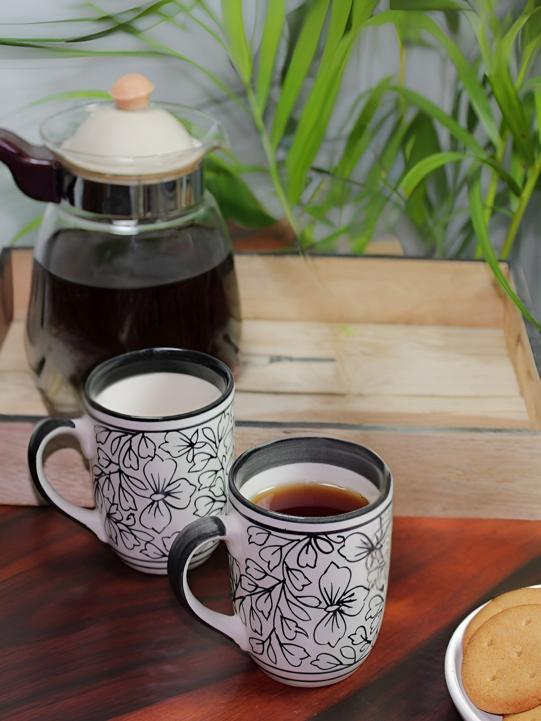 Unravel India Jumbo White Floral Ceramic Handmade 2 Piece Mugs-300ml