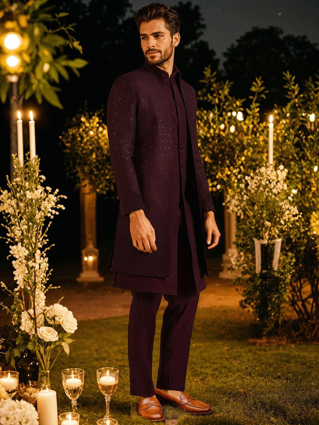 KISAH Men Wine Embellished Kurta Indowestern Sherwani Trouser Set