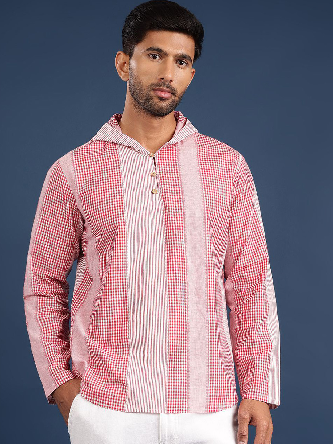 Taavi Checked Pure Cotton Short Hooded Kurta