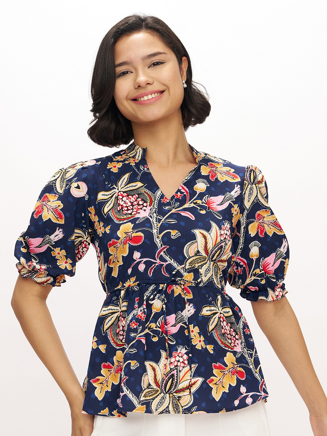 AASK Color Floral Mandarin Collar Puff Sleeves Top