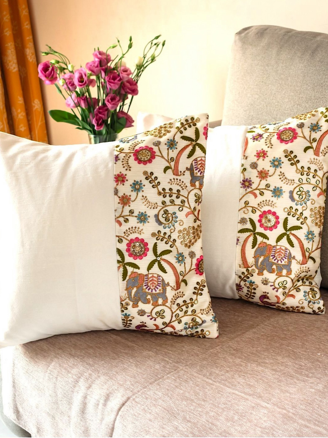 PILOVILO Cream-Coloured 2 Pieces Floral Printed Embellished Silk Square Cushion Covers