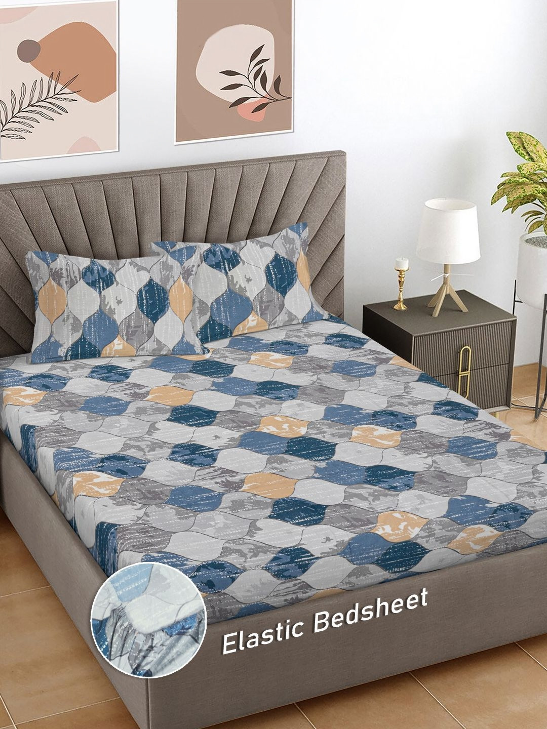 Myntra Elegant Homes Grey & Blue Geometric 300 TC Double King Bedsheet Set-2.5mX2.25m